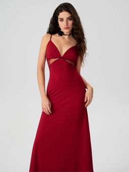 Cider - Lace Hem Satin V-Neck Midi Dress