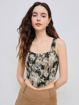 Cider - Jacquard Cat Pattern Corset Cami Crop Top