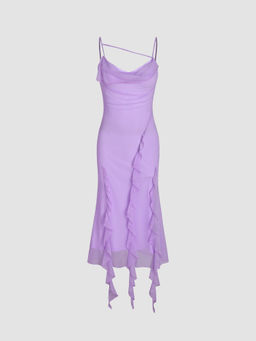 Cider - Mesh Ruffle Hem Ruched Midi Dress