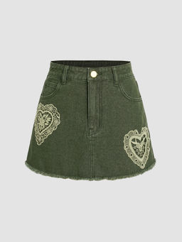 Cider - Denim Fringe Heart Mini Skirt
