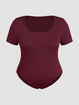Cider - Solid Square Neck Short Sleeve Bodysuit Curve & Plus