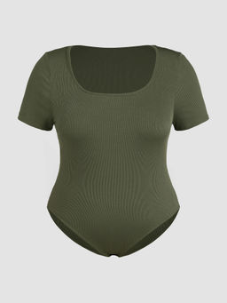 Cider - Solid Square Neck Short Sleeve Bodysuit Curve & Plus