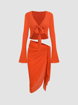 Cider - Knotted Long Sleeve Crop Top & Ruched Asymmetrical Hem Skirt (Set of 2)