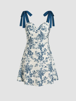 Cider - Floral V-Neck Knotted Mini Dress ()