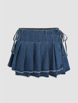 Cider - Denim Washed Raw Hem Pleated Knotted Mini Skirt