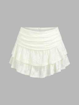 Cider - Ruched Floral Lace Knit Layered Mini Skort