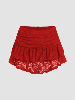 Cider - Ruched Floral Lace Knit Layered Mini Skort