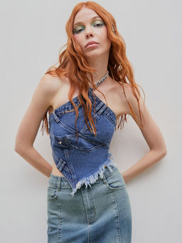 Cider - Denim Fringe Zipper Up Halter Crop Top