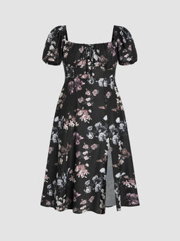 Cider - Fruit Square Neck Puff Sleeve Midi Dress Curve & Plus