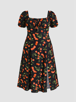 Cider - Fruit Square Neck Puff Sleeve Midi Dress Curve & Plus