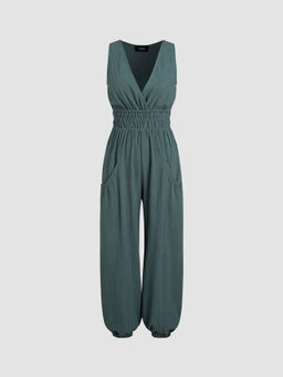 Cider - V-Neck Shirred Pocket Jogger Jumpsuit