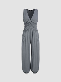 Cider - V-Neck Shirred Pocket Jogger Jumpsuit