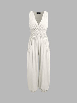 Cider - V-Neck Shirred Pocket Jogger Jumpsuit