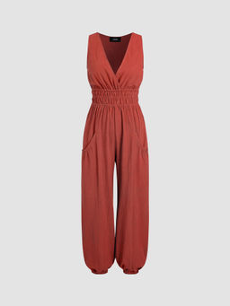 Cider - V-Neck Shirred Pocket Jogger Jumpsuit