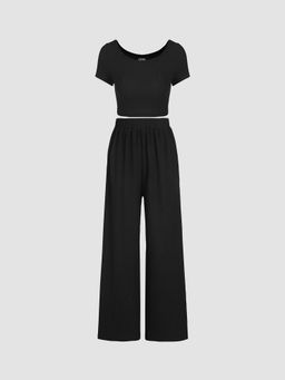 Cider - Knitted Short Sleeve Crop Top & Wide Leg Trousers (Set of 2)