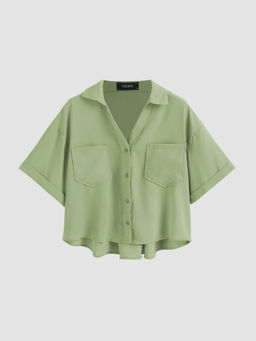 Cider - Collar Pocket Short Sleeve Crop Blouse Top