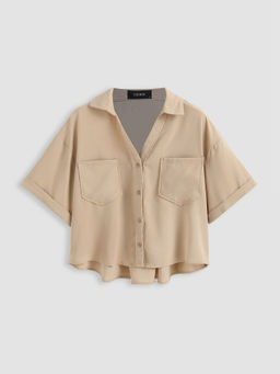 Cider - Collar Pocket Short Sleeve Crop Blouse Top