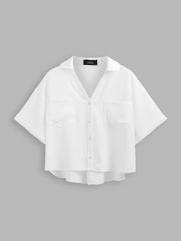 Cider - Collar Pocket Short Sleeve Crop Blouse Top