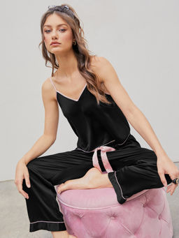 Cider - Satin Contrasting Trim Lounge Tank Top & High Waist Pants (Set of 2)