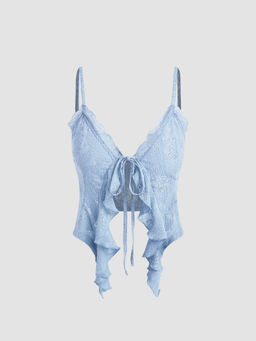 Cider - Lace Ruffle Hem Knotted Knit Crop Top