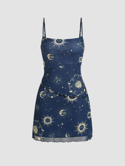 Cider - Moon & Sun Mesh Square Neck Mini Dress