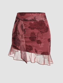 Cider - Chiffon High Waist Floral Knotted Mini Skirt