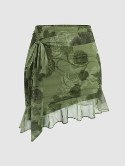 Cider - Chiffon High Waist Floral Knotted Mini Skirt