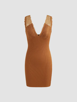 Cider - V-Neck Solid Lace Mini Dress