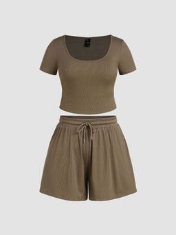 Cider - Rib U-Neckline Short Sleeve Crop Top & Lace Up Wide Leg Shorts Curve & Plus (Set of 2)