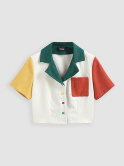 Cider - Patchwork Collar Short Sleeve Crop Blouse Top