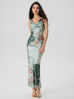 Cider - Satin Cowl Neck Floral Maxi Mermaid Dress