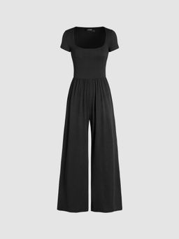 Cider - Scoop Neckline Short Sleeve Wide Leg Jumpsuit