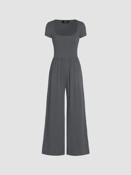 Cider - Scoop Neckline Short Sleeve Wide Leg Jumpsuit