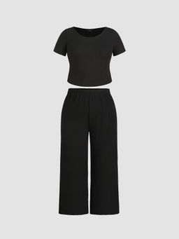 Cider - Knitted Short Sleeve Crop Top & Wide Leg Trousers Curve & Plus (Set of 2)
