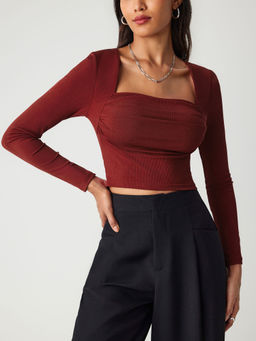 Cider - Square Neck Ruched Long Sleeve Top