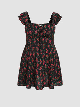 Cider - Rose Square Neck Ruffle Mini Dress Curve & Plus