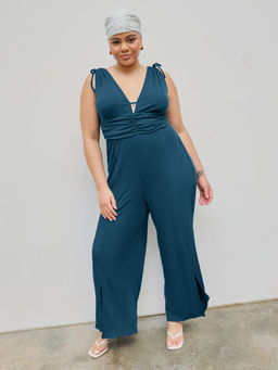 Cider - V-Neck Knotted Ruched Knitted Slit Wide Leg Jumpsuit Curve & Plus