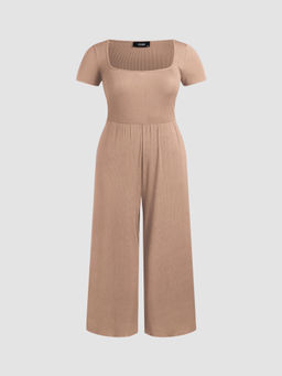 Cider - Scoop Neckline Short Sleeve Wide Leg Jumpsuit Curve & Plus