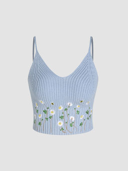 Cider - Knit Floral Scoop Neckline Crop Tank Top