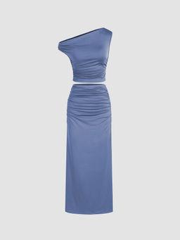 Cider - Asymmetrical Ruched Crop Top & High Waist Maxi Skirt (Set of 2)