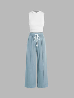 Cider - Ruched Tank Crop Top & Elastic Waist Knotted Trousers (Set of 2)