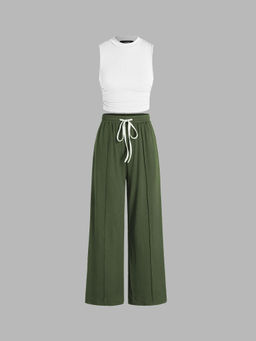 Cider - Ruched Tank Crop Top & Elastic Waist Knotted Trousers (Set of 2)
