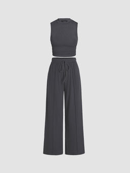 Cider - Ruched Tank Crop Top & Elastic Waist Knotted Trousers (Set of 2)