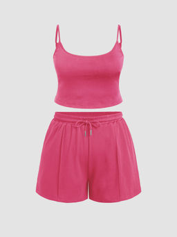 Cider - U-Neckline Crop Cami Top & Drawstring Wide Leg Shorts Curve & Plus (Set of 2)