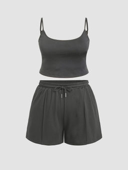 Cider - U-Neckline Crop Cami Top & Drawstring Wide Leg Shorts Curve & Plus (Set of 2)