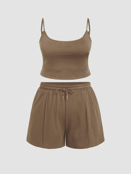 Cider - U-Neckline Crop Cami Top & Drawstring Wide Leg Shorts Curve & Plus (Set of 2)