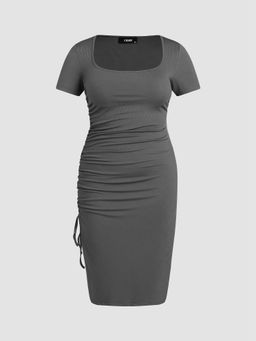Cider - Square Neck Ruched Drawstring Split Midi Dress Curve & Plus