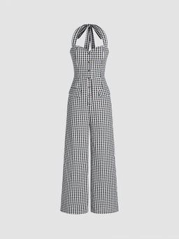Cider - Halter Shirred Check Jumpsuit