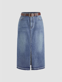 Cider - Split Denim Maxi Skirt with Belt Curve & Plus