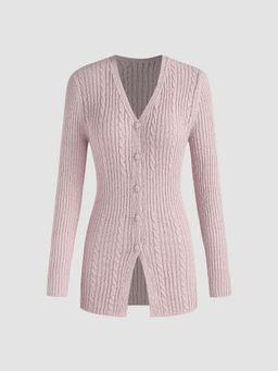 Cider - V-Neck Button Knitted Long Sleeve Top